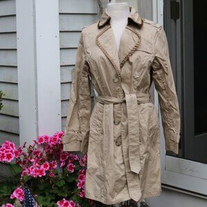 Dennis Basso Tan w Bronze Satin Trim Belted Cotton Trench Coat Sz MEDIUM